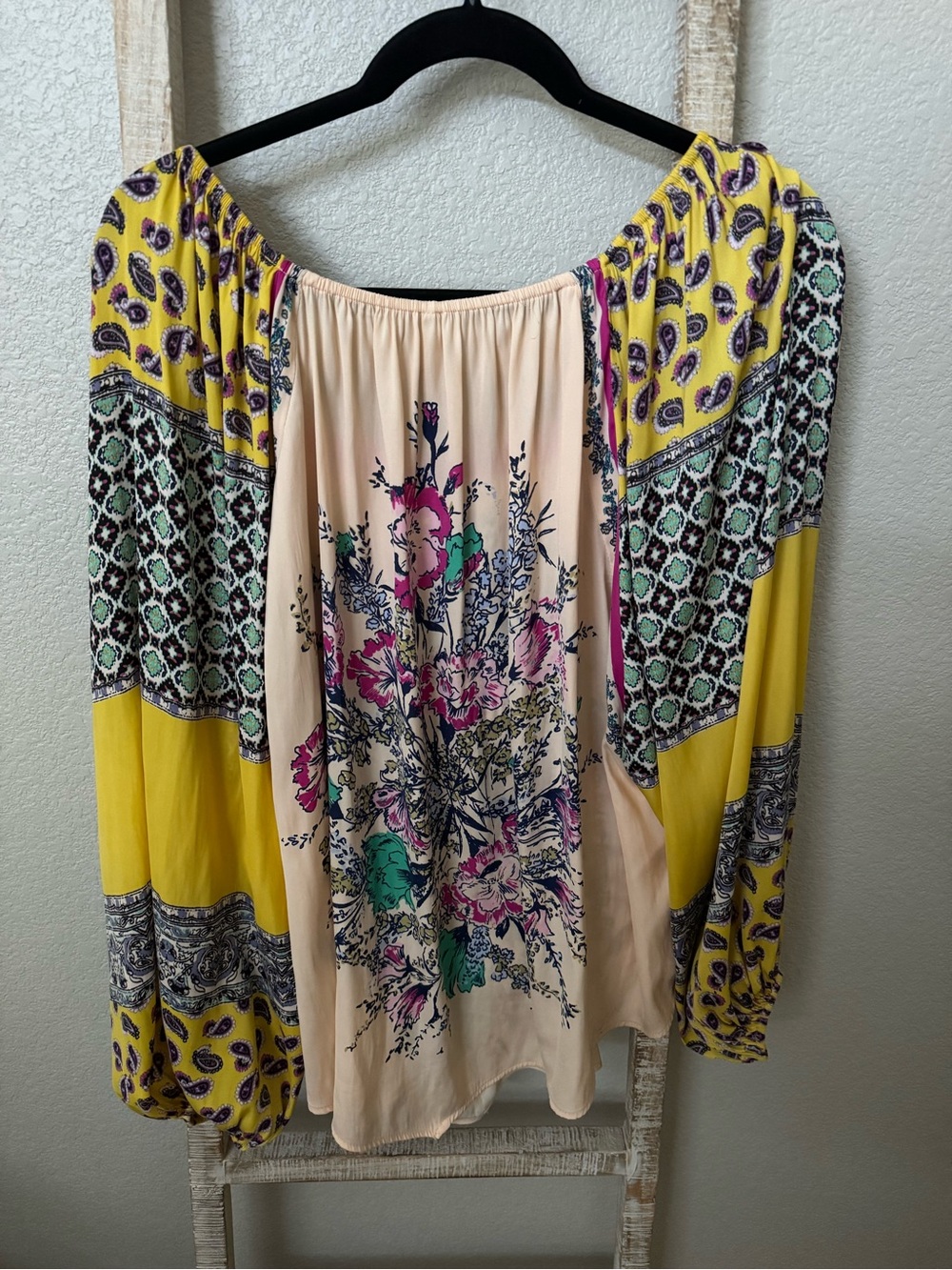 Free People Mixed Floral Patchwork Peasant Top - Yellow & Cream